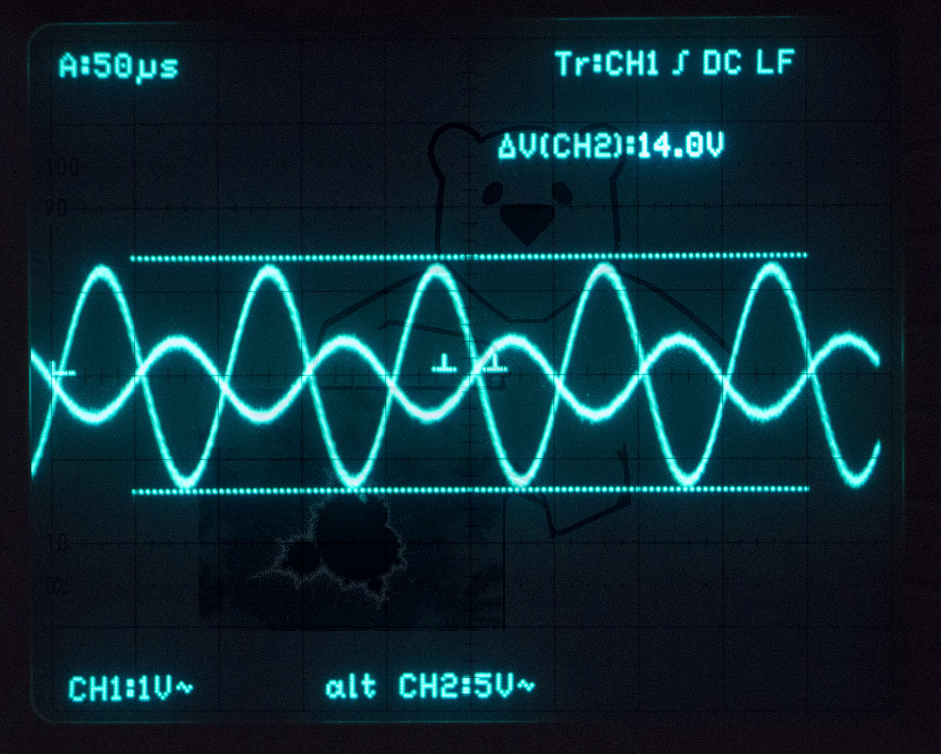 Die Modulation der Liebenröhre mit einem Sinus 1 Vss mit 10 kHz, Verstärkungsfaktor ca. 14